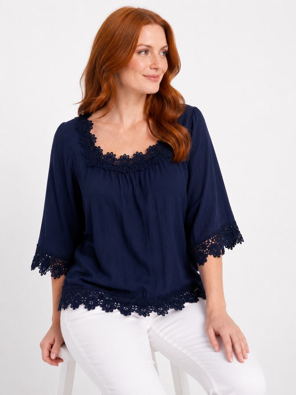 LR3809 Zac Rachel Navy Crochet Lace Blouse Large Tie Front Boho Career Top